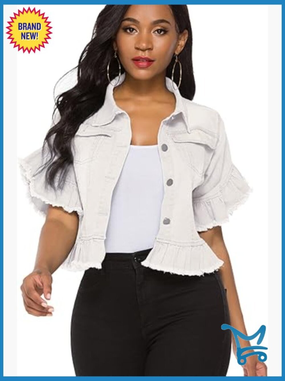 Distressed Crop Denim Jacket Button Down Ruffle Sleeve